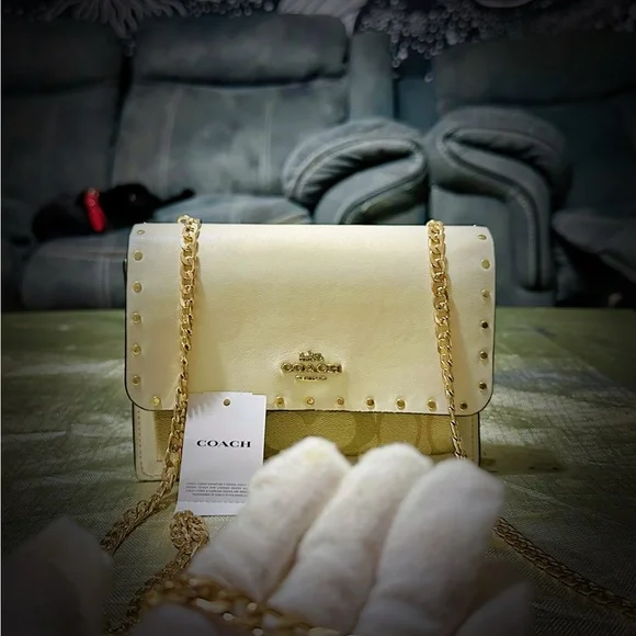 Coach Y2K small Crossbody purse white and light brown leather with Gold chain - Picture 13 of 16